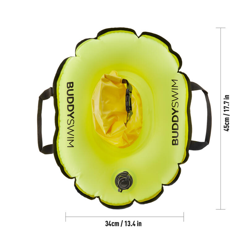 Bouée de natation avec sac central étanche pour un stockage facile d'accès.