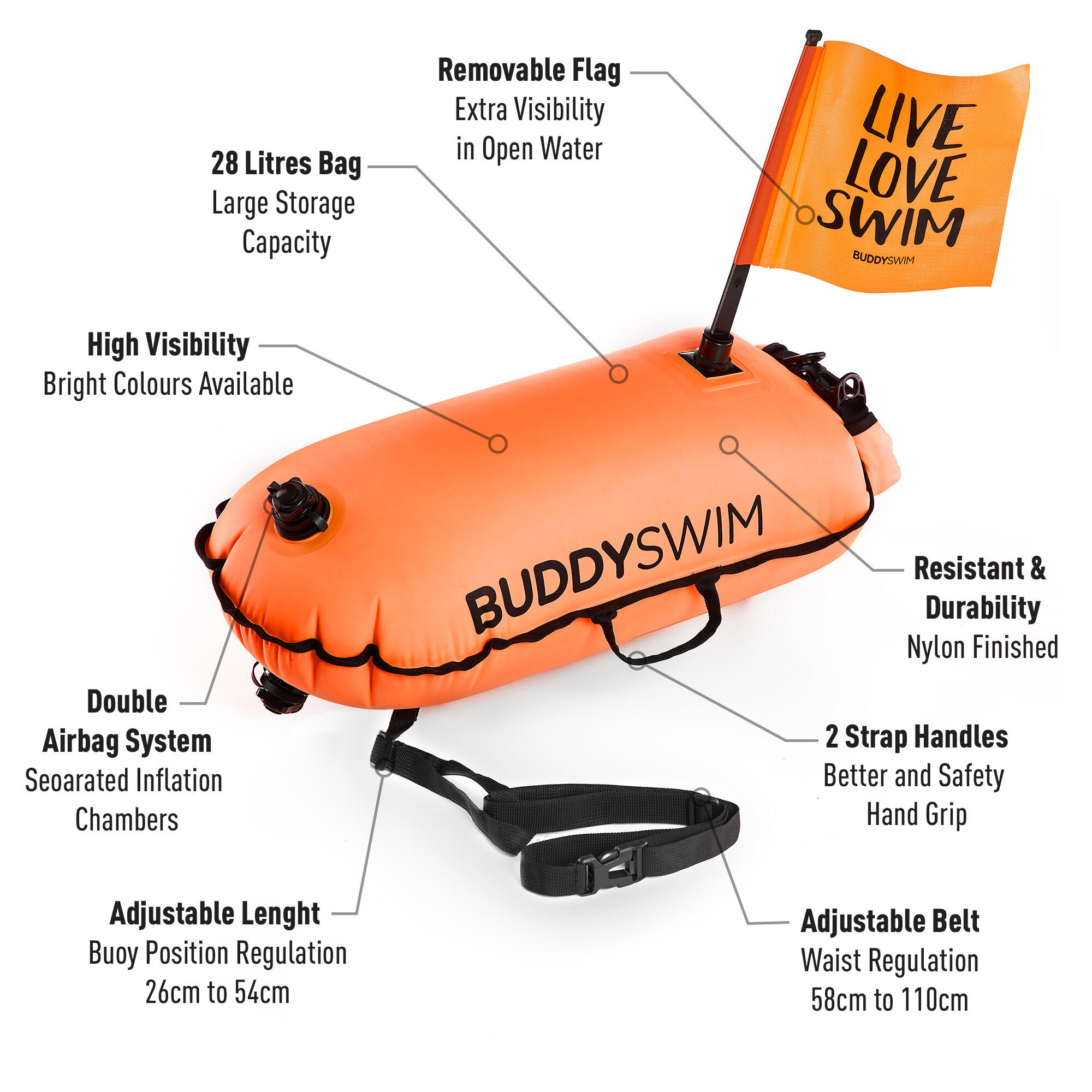 Boa per il nuoto in acque libere Bandiera rimovibile Buddyswim Arancione 2/5