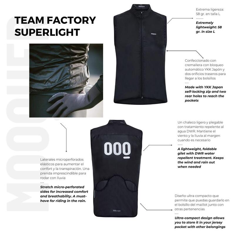 Mooquer Team Factory vest en regenjas. Lichtgewicht en ademend met DWR