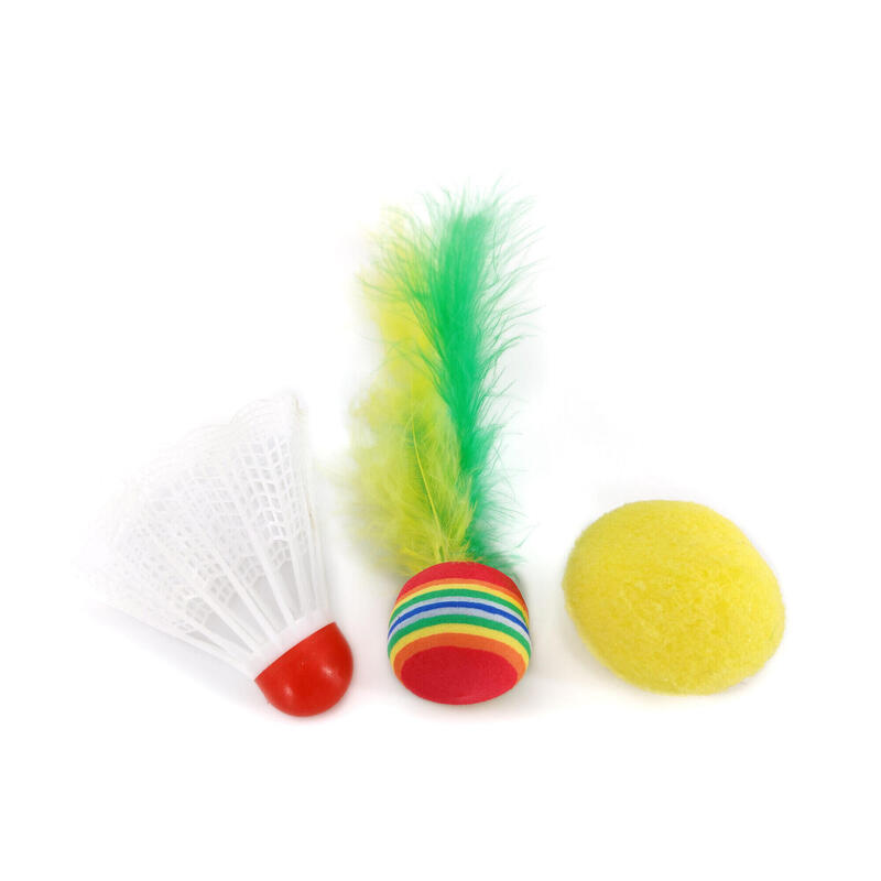 Set de bádminton para niños con 2 raquetas, una pelota y una pluma.