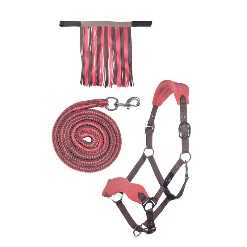 Pferd Halfter-Set mit Karabiner und Fliegenfransen grau/pink