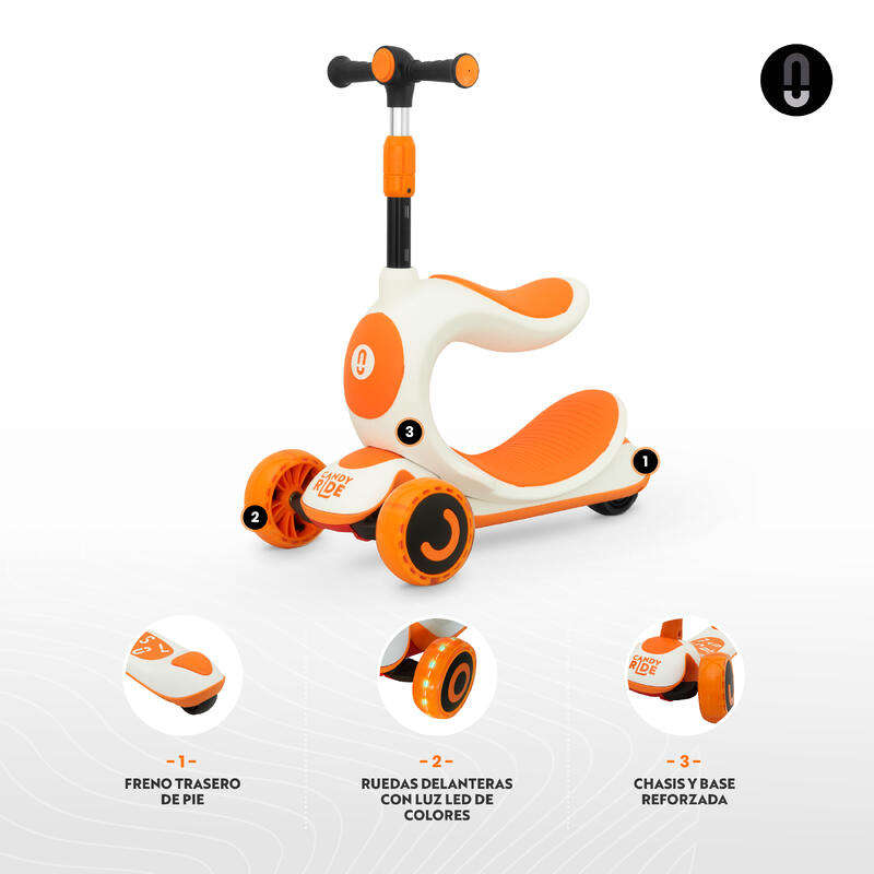 Scooter evolutiva 3 em 1 CANDYRIDE crianças Scooter com e sem assento, baloiço