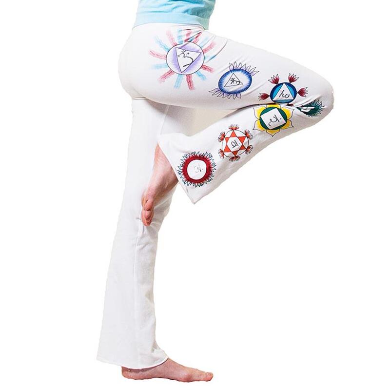 Pantalon de yoga femme - bootcut - 7 chakras peint à la main - Kundalini Blanc