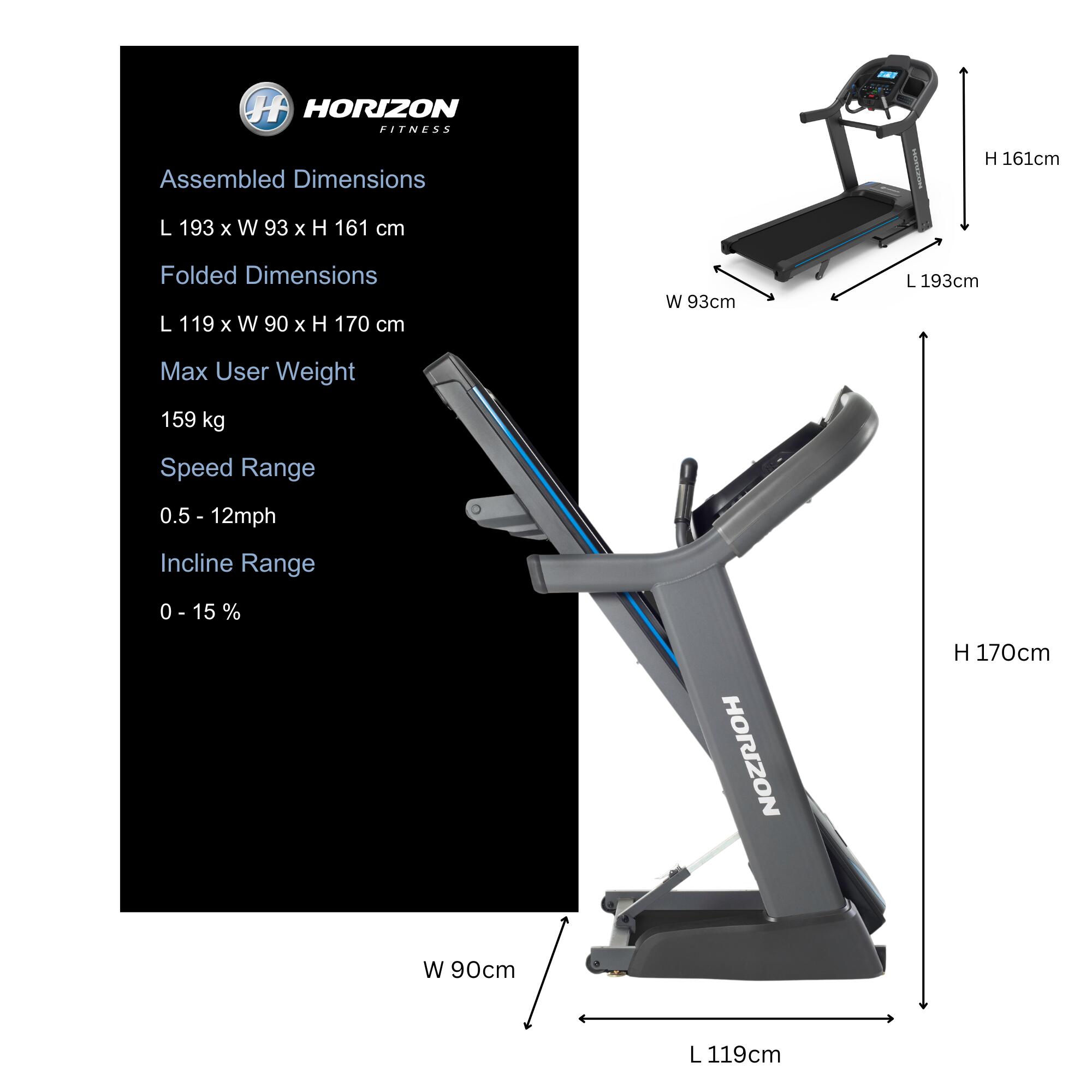 Horizon 7.4AT Treadmill - L193 x W93 x H161cm 2/7