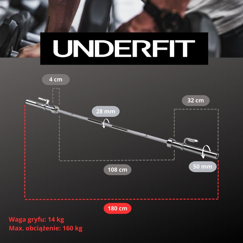 Gryf olimpijski prosty + zaciski UNDERFIT 180 cm