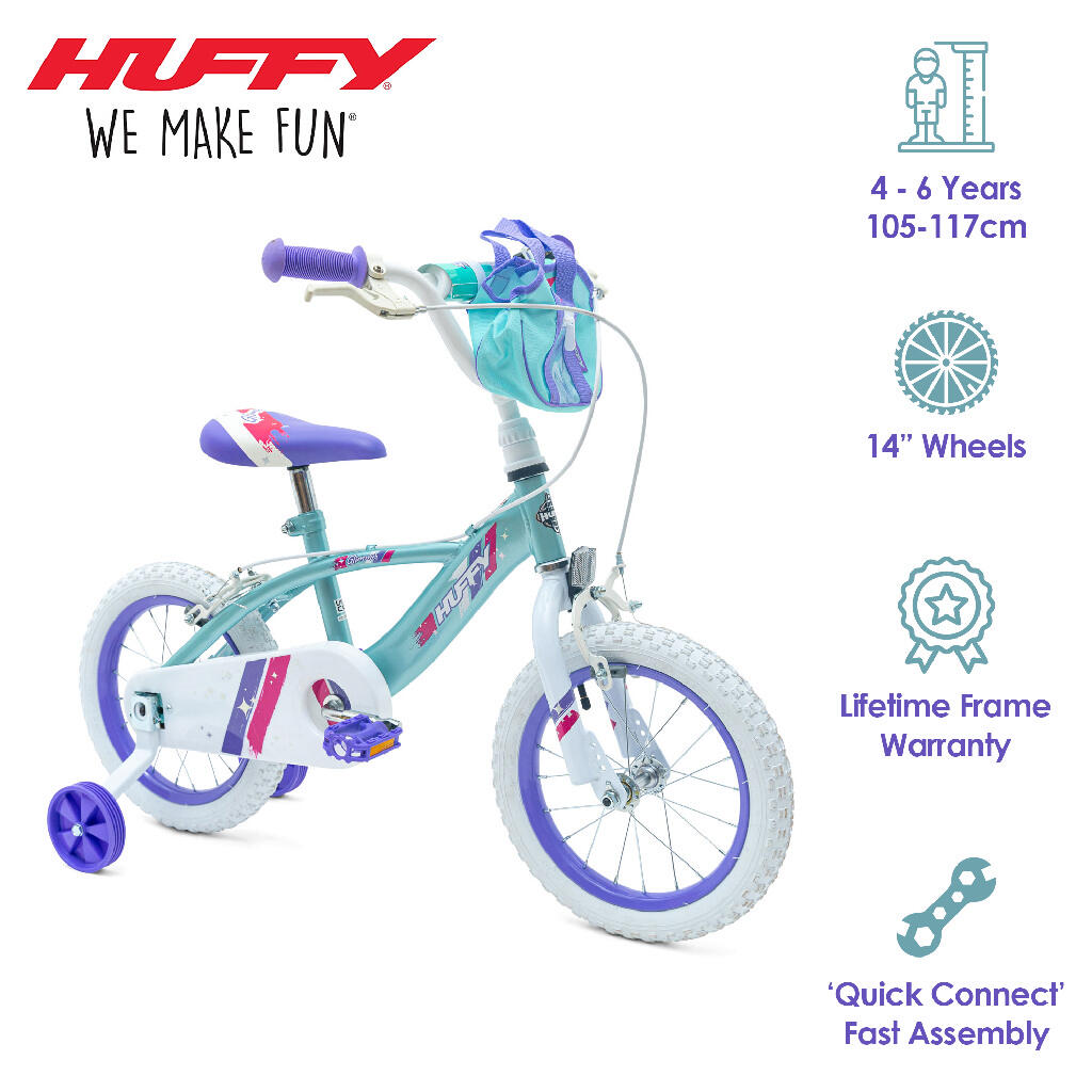 Huffy Glimmer 14" Teal & Purple Girls Bike For Kids 4 - 6 yrs + Stabilisers 6/7