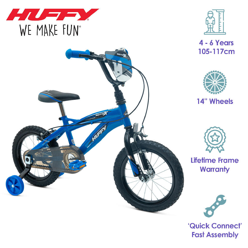 Huffy Moto X 14 Inch Boys Bike Blue Black 4-6 Year Old BMX + Stabilisers 6/7