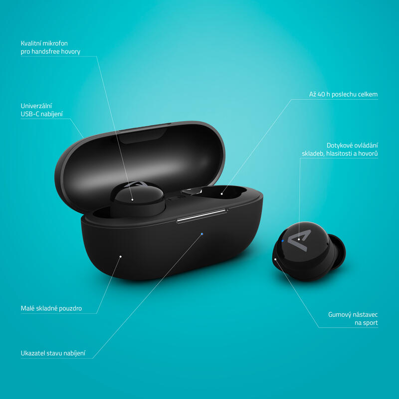 Dots3 True Wireless sluchátka, celková výdrž 40h, gumový nástavec na sport