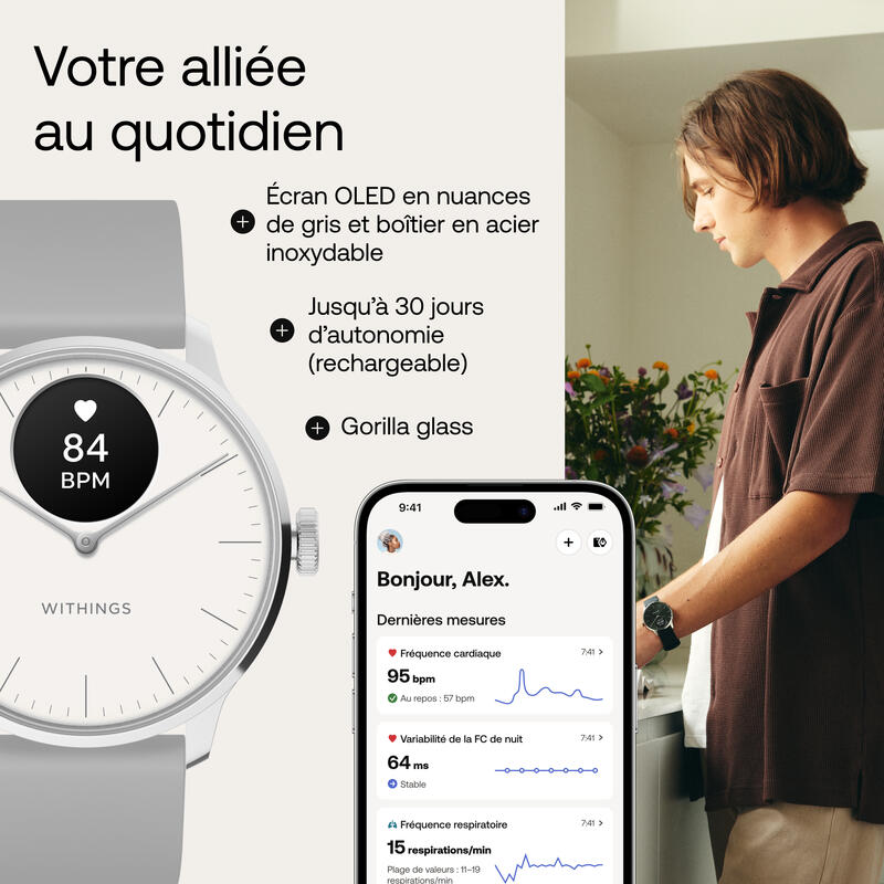 WITHINGS ScanWatch Light - Montre connectée santé cardiovasculaire, 37mm Blanc