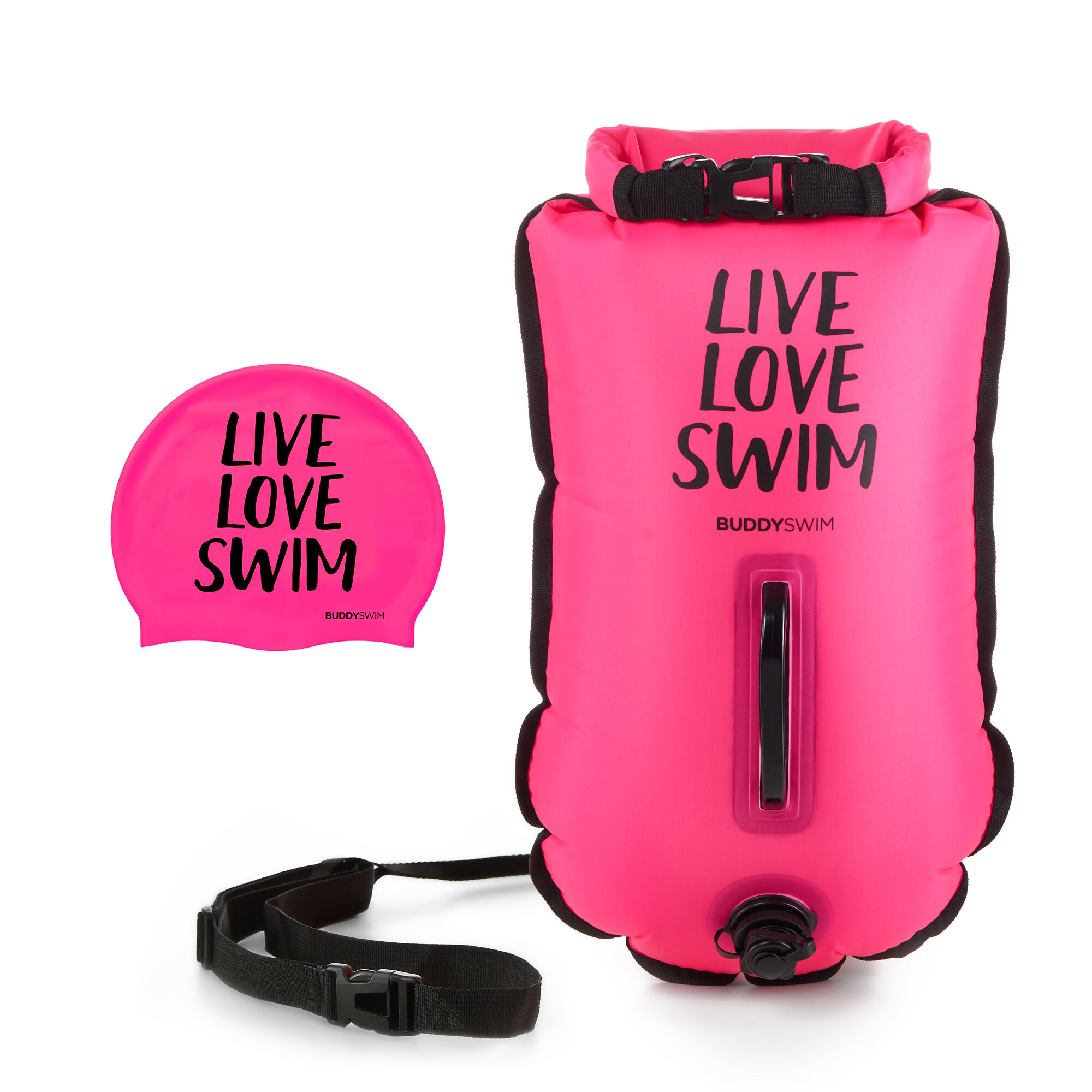 BUDDY SPORT Boia de natação de 20 litros águas abertas e touca de natação Buddyswim rosa.