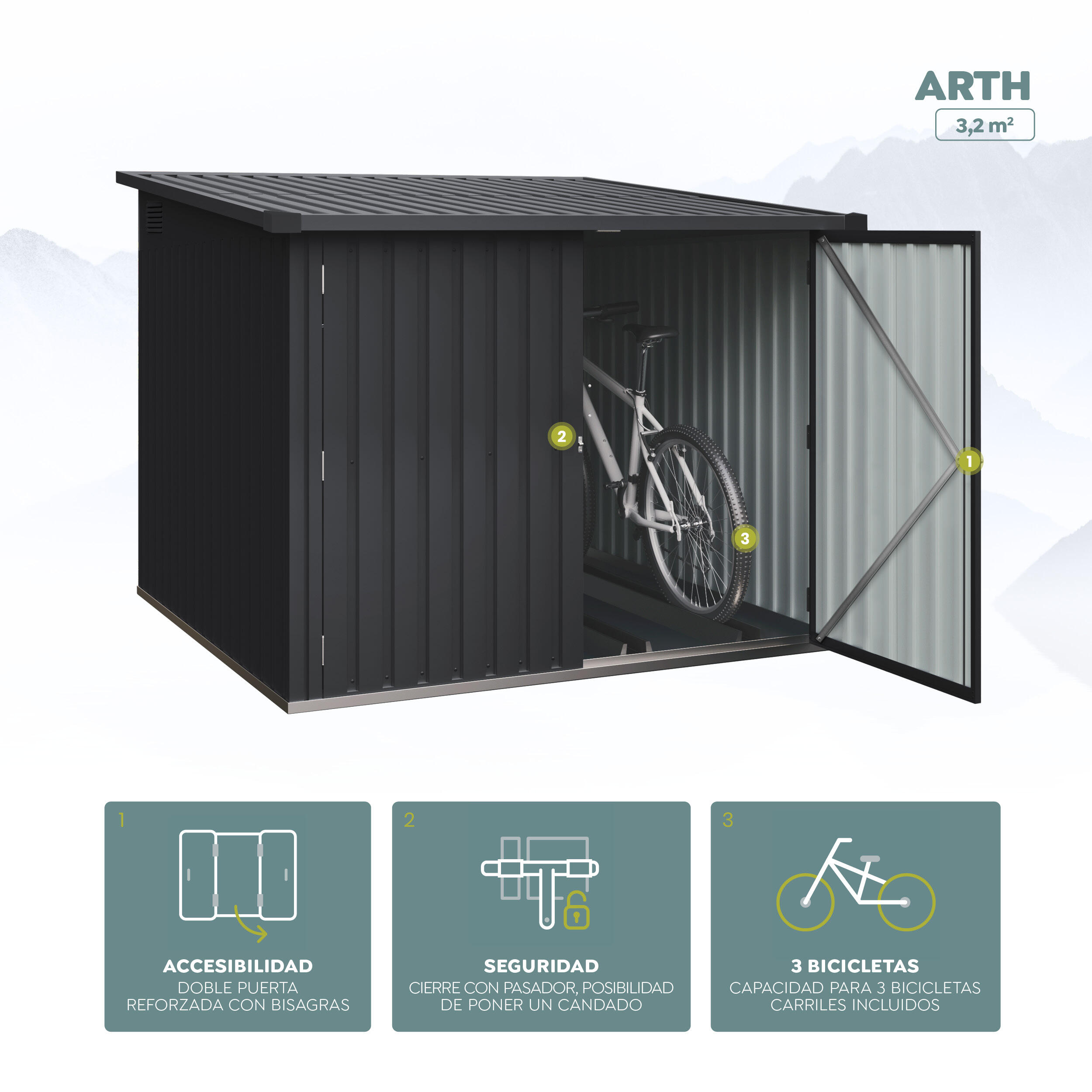 Armario bicicletas Arth 3,2 m² exterior para 3 bicis, almacenamiento seguro 2/5