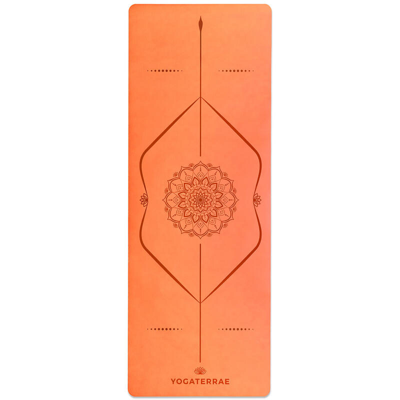 Tapete de yoga CORAL ORANGE em PU e borracha natural + MANDALA e linhas do corpo