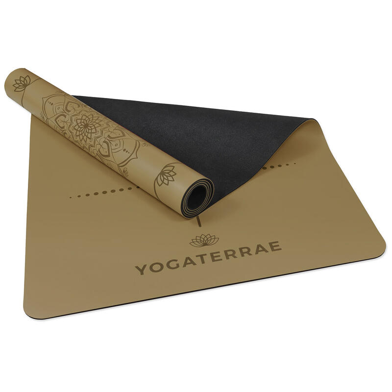 Olijf Bronzen yogamat in PU en rubber met MANDALA + LICHAAMSLIJNEN