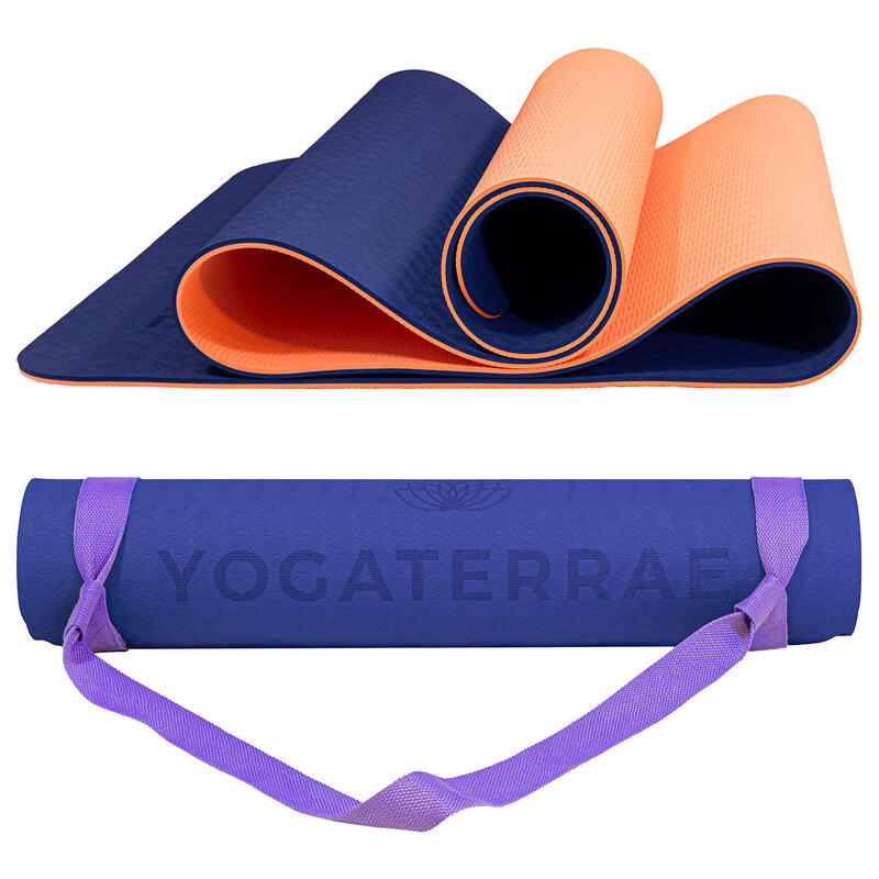 Tapis Yoga Antidérapant Bleu Marine Corail TPE + Sangle + Sac de transport