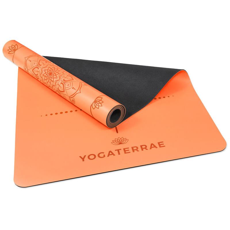 Koraal Oranje yogamat in PU en rubber met MANDALA + LICHAAMSLIJNEN
