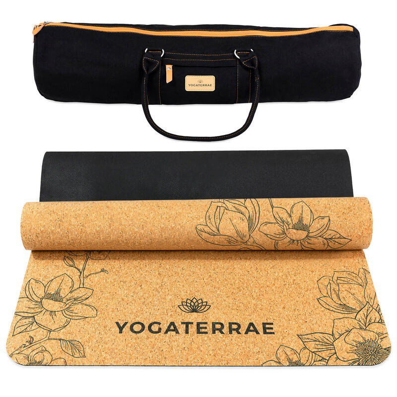 Tapis yoga Magnolias en Liège et Caoutchouc naturel + Sangle + Sac transport