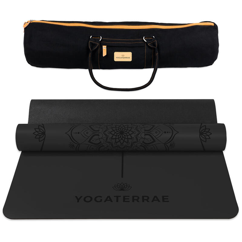 Zwarte yogamat PU en rubber met MANDALA + LICHAAMSLIJNEN + transport tas