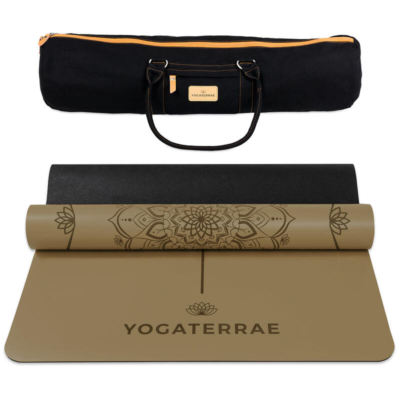 Yogamatte rutschfest aus PU-Naturkautschuk mit Tasche MANDALA Bronzeolive