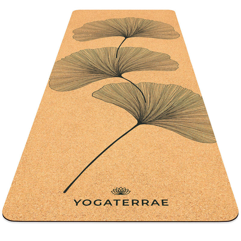 Antislip yogamat van kurk en rubber GINKGOS YIN + draag- en rekriem