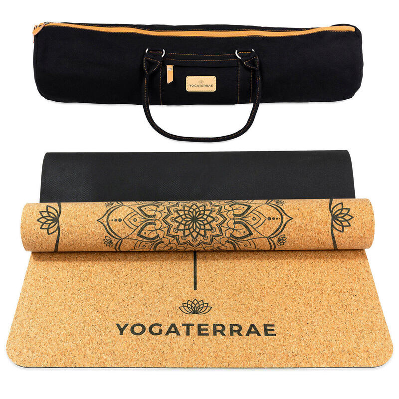 Yogamatte aus Kork & Naturkautschuk mit Trage-/Dehngurt und Tasche - MANDALA