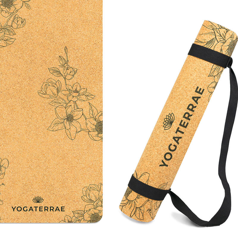 Antislip yogamat van kurk en rubber MAGNOLIA’S + draag- en rekriem