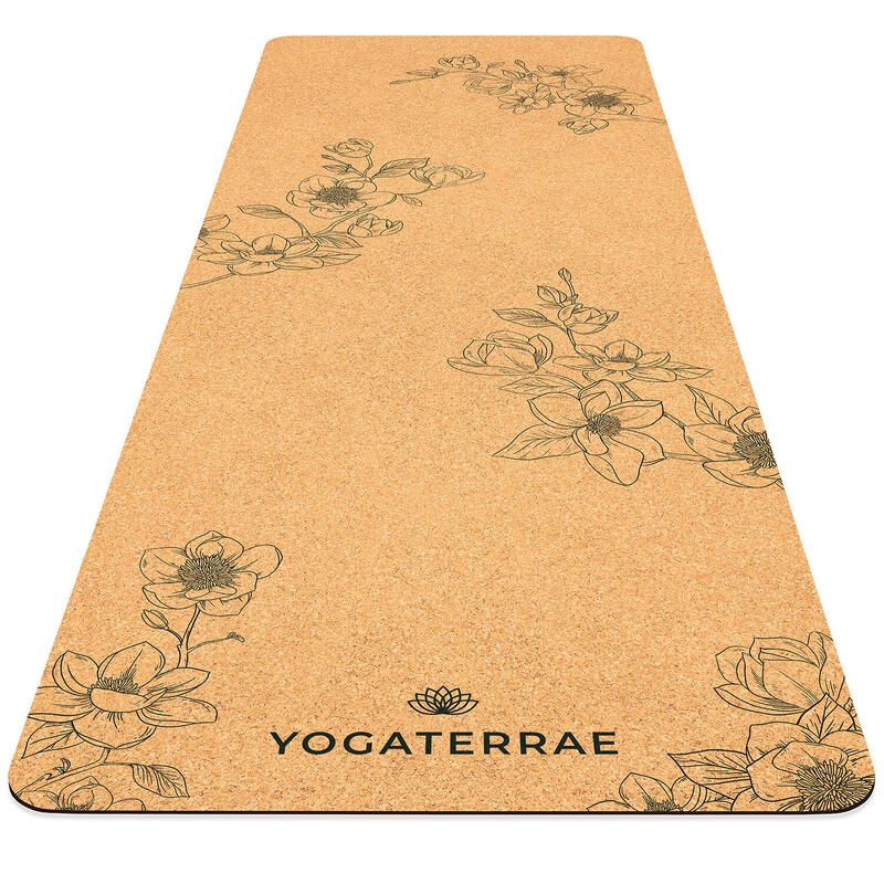 Tapis yoga Magnolias Liège-Caoutchouc naturel + Sangle transport & étirements