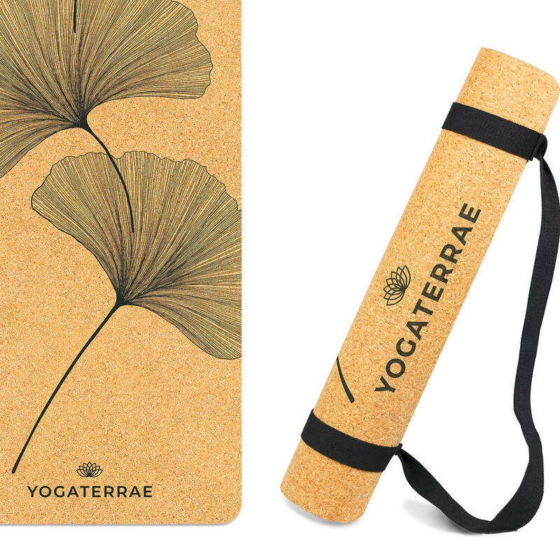 Antislip yogamat van kurk en rubber GINKGOS YIN + draag- en rekriem