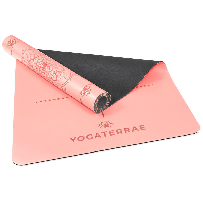 Wijnoogst Roze yogamat in PU en rubber met MANDALA + LICHAAMSLIJNEN
