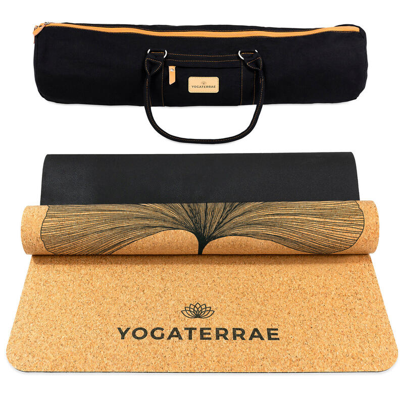 Tapete de yoga em cortiça-borracha natural mandala + alça + bolsa de transporte