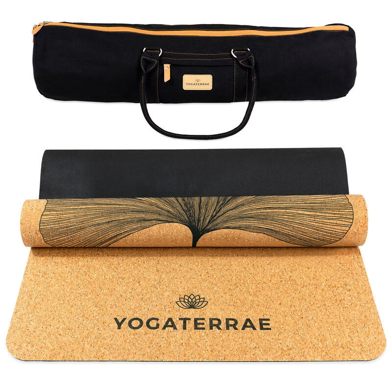 Tapis yoga Ginkgos Biloba Liège et Caoutchouc naturel + Sangle + Sac transport