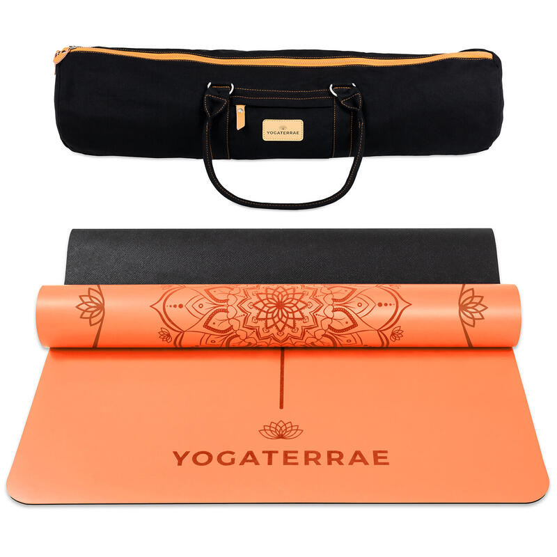 Esterilla yoga Coral Naranja PU-Caucho natural MANDALA + LINEA DE CUERPO + Bolsa