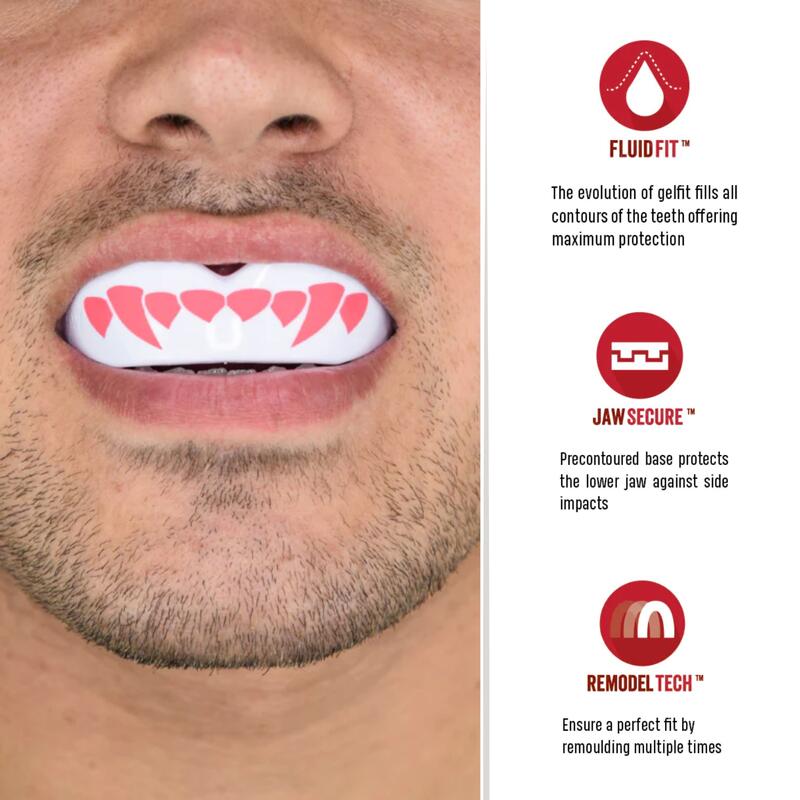Protecție dentară albă pentru adulți SafeJawz Extro Series "Pink Fangz"
