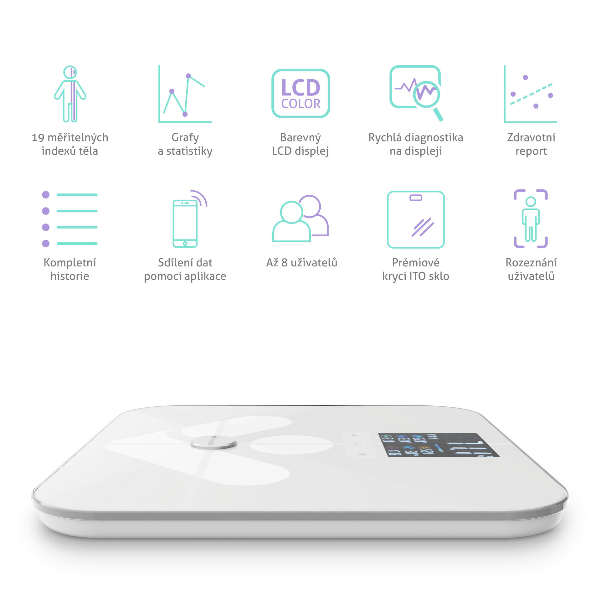 FitScale W7 BT White Osobní diagnostická bluetooth váha, 19 měřitelných indexů 3/7