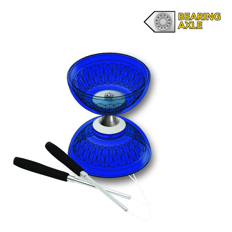 SET DIABOLO CRISTAL BLEU AVEC ROULEMENT + BAGUETTES ALU