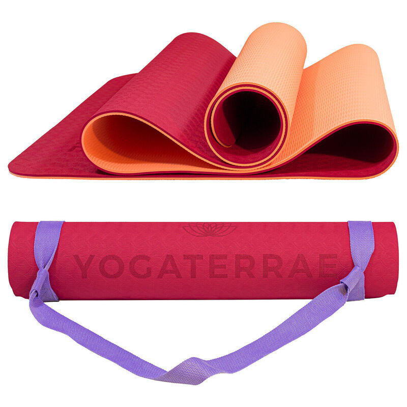 Yogamatte rutschfest aus TPE mit Trage-/Dehngurt & Tasche - rose glamour koralle