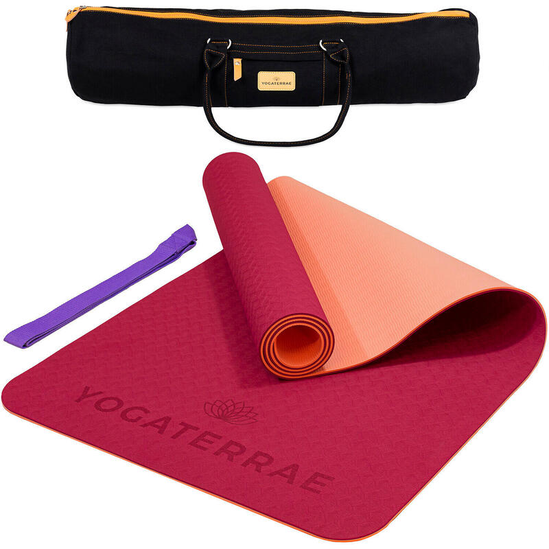 Tapis de yoga ROSE GLAMOUR CORAIL TPE avec Sangle Coton + Sac de transport Coton