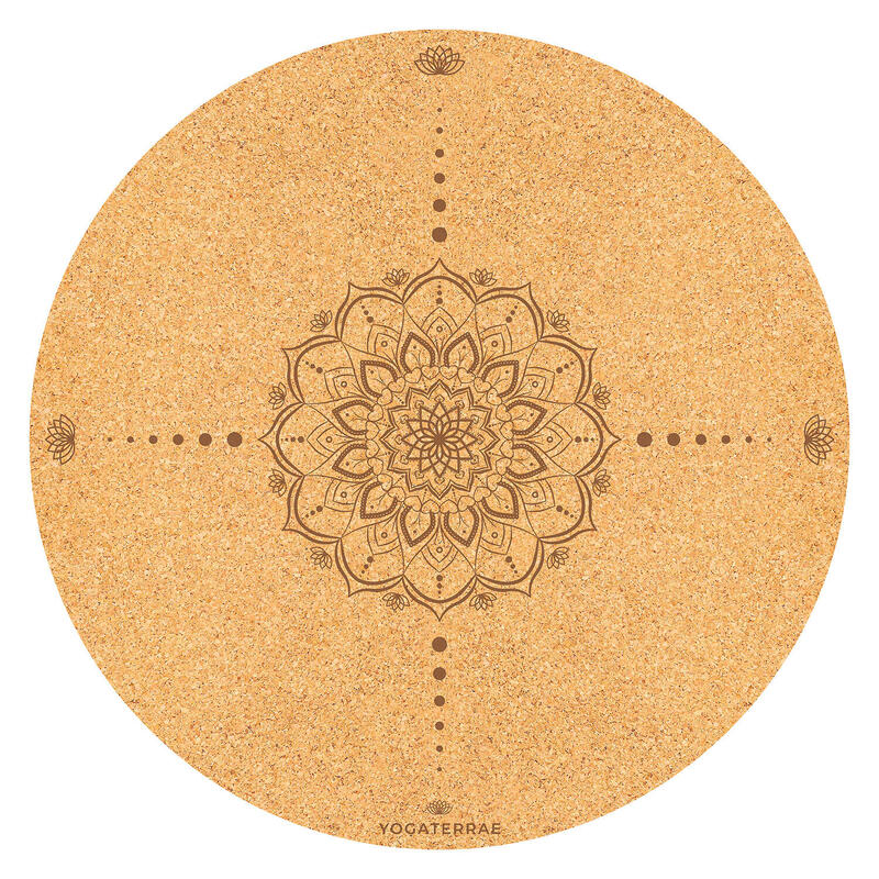 Tapis yoga rond MANDALA Liège-Caoutchouc naturel impression marron Sangle Coton