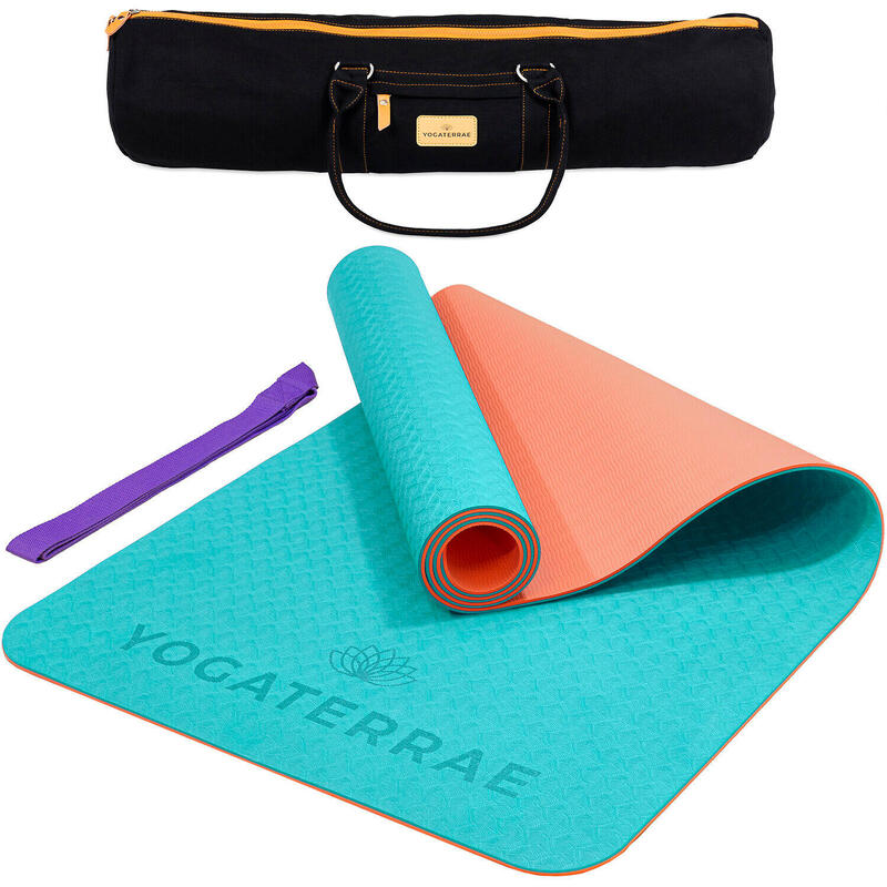 Tapis de yoga TURQUOISE CORAIL en TPE avec Sangle Coton + Sac de transport Coton