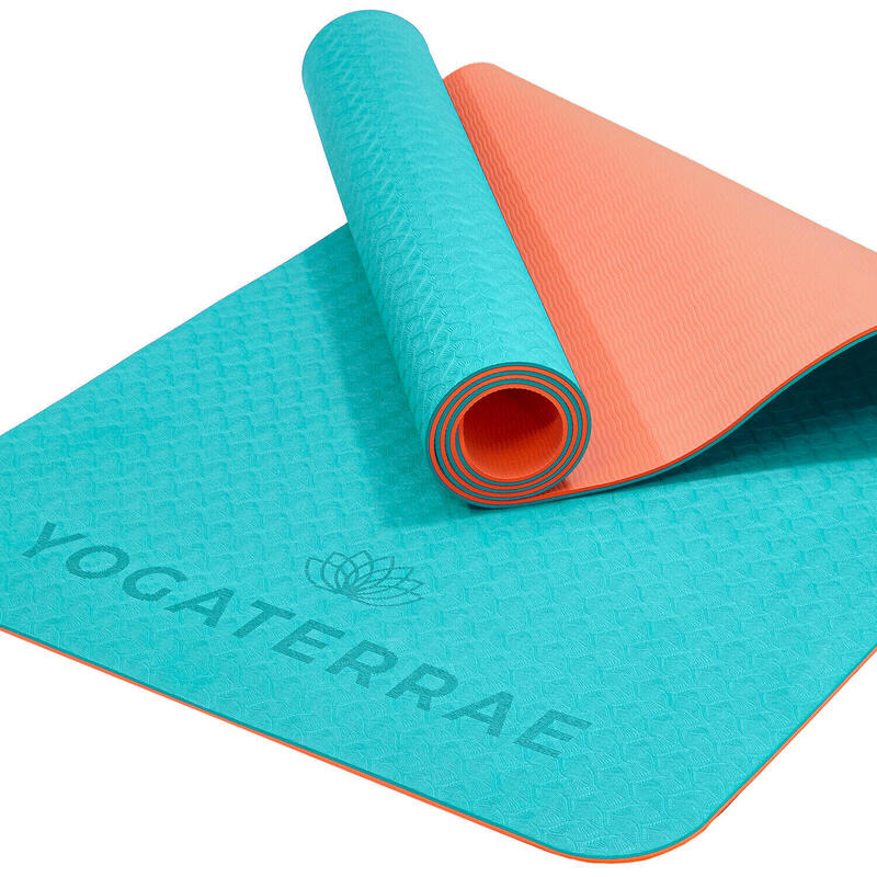 Tapis de yoga TURQUOISE CORAIL en TPE avec Sangle Coton + Sac de transport Coton