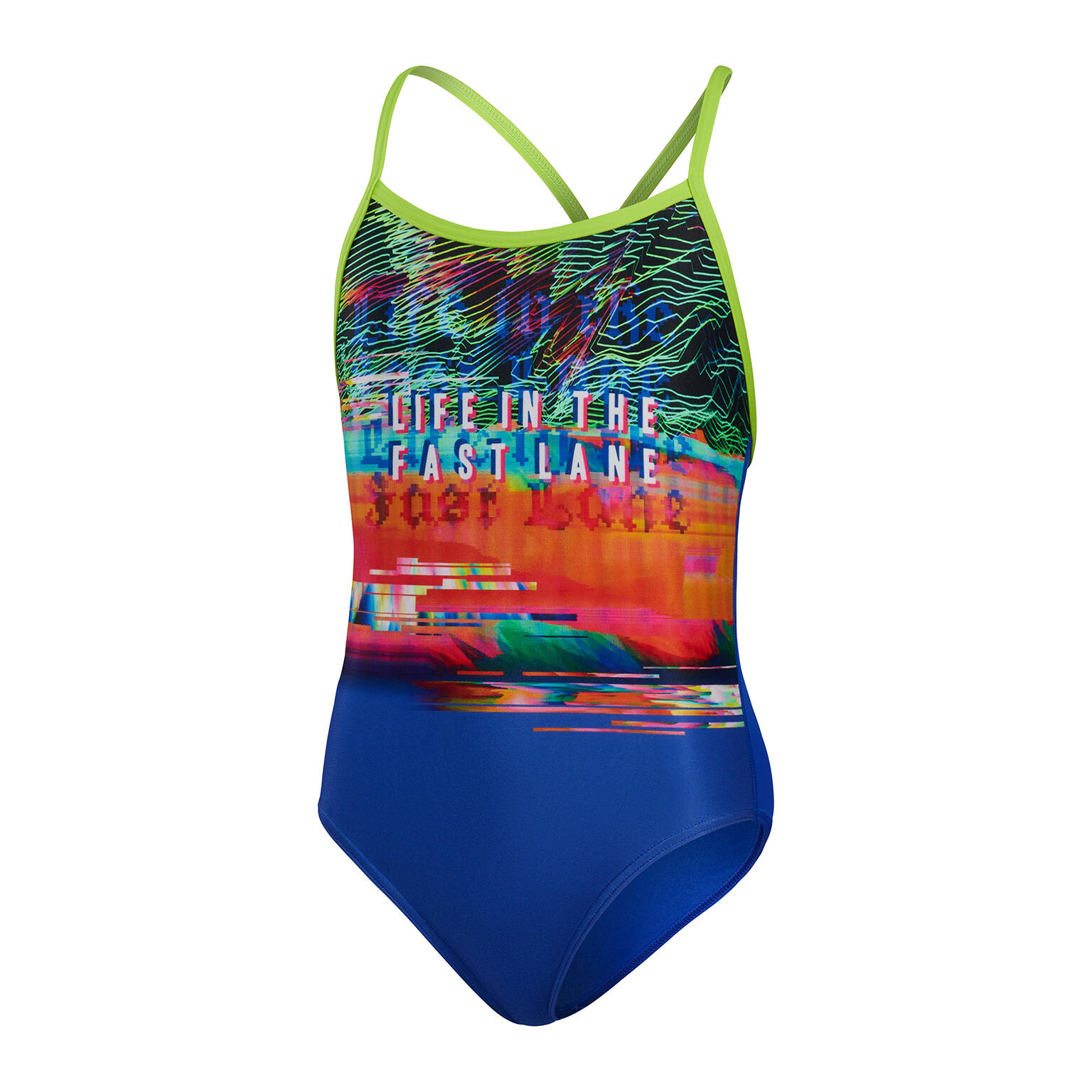 SPEEDO Plavky Girls Fast Lane V-Back – modrá/lime/salmon/bílá – velikost 13-14