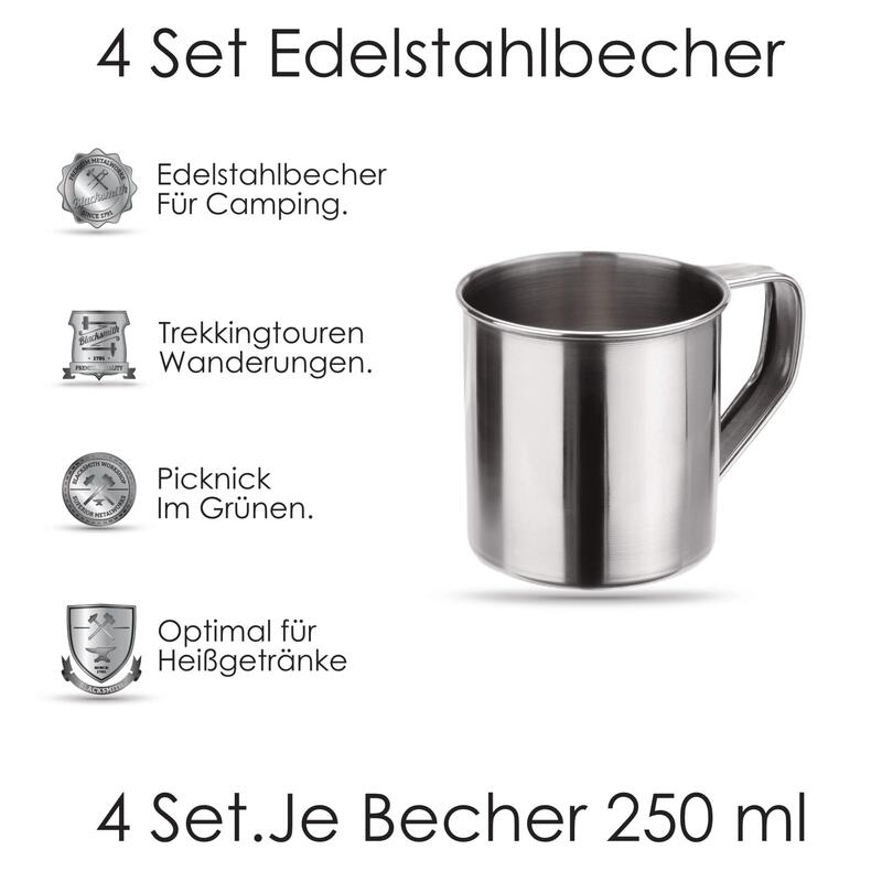 4 Stück Edelstahl Trinkbecher. Becher Set 250 ml Kaffee Tee. Camping Trekking