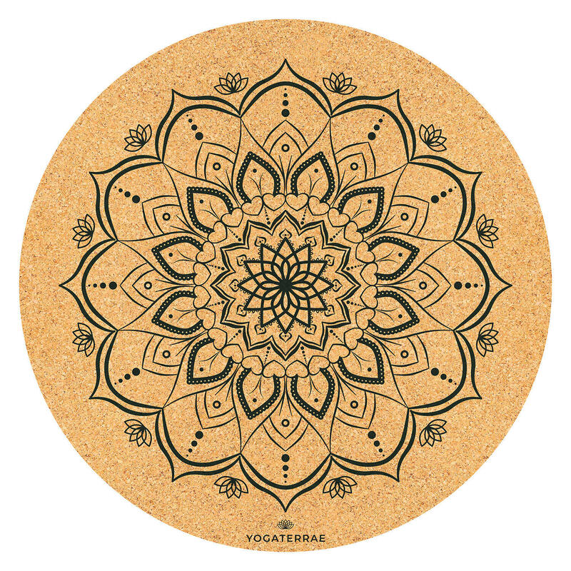 Tapis yoga rond MANDALA Liège-Caoutchouc naturel impression noire + Sangle Coton