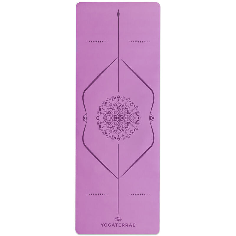 Tapete de yoga lilás lavanda em PU e borracha natural com linhas e corpo MANDALA