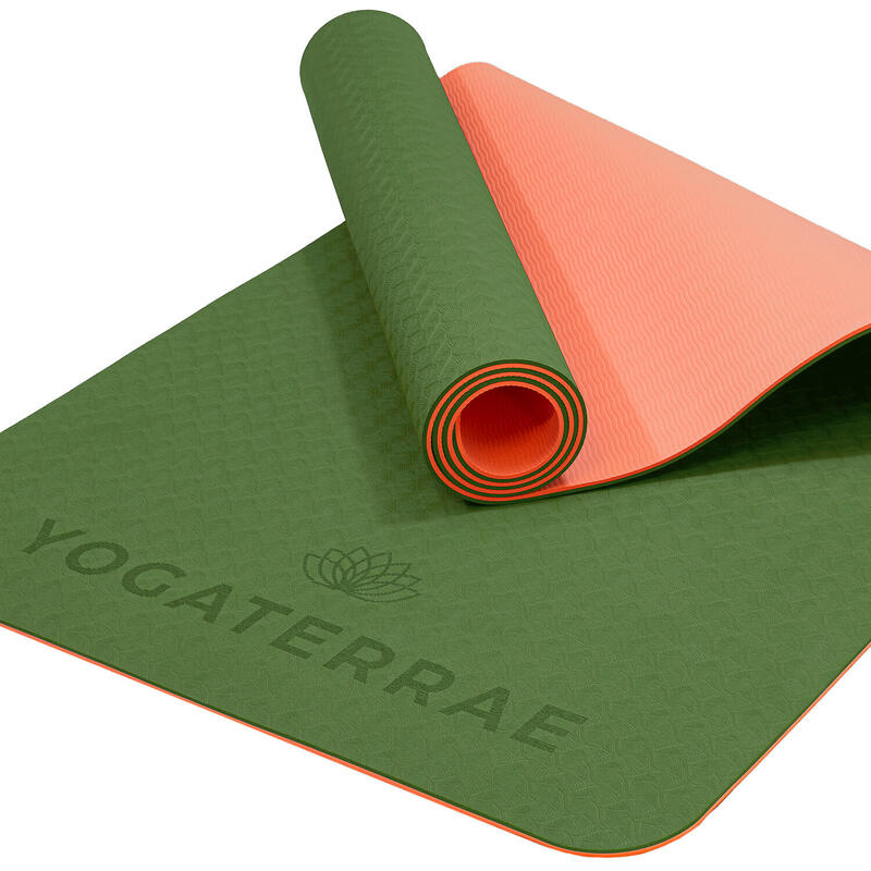 Yogamatte rutschfest aus TPE mit Trage-/Dehngurt - khaki-grün koralle