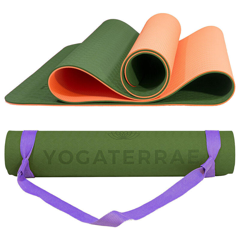 Yogamatte rutschfest aus TPE mit Trage-/Dehngurt & Tasche - khaki-grün koralle
