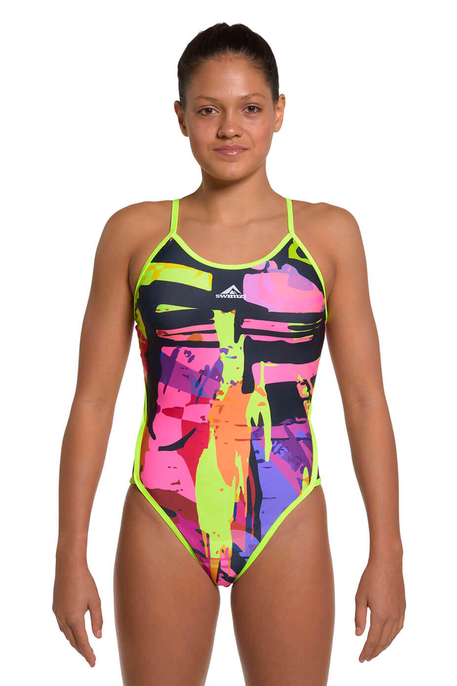 Swimzi Thin Strap Womens One-Piece swimsuit, Neon Reef 1/3