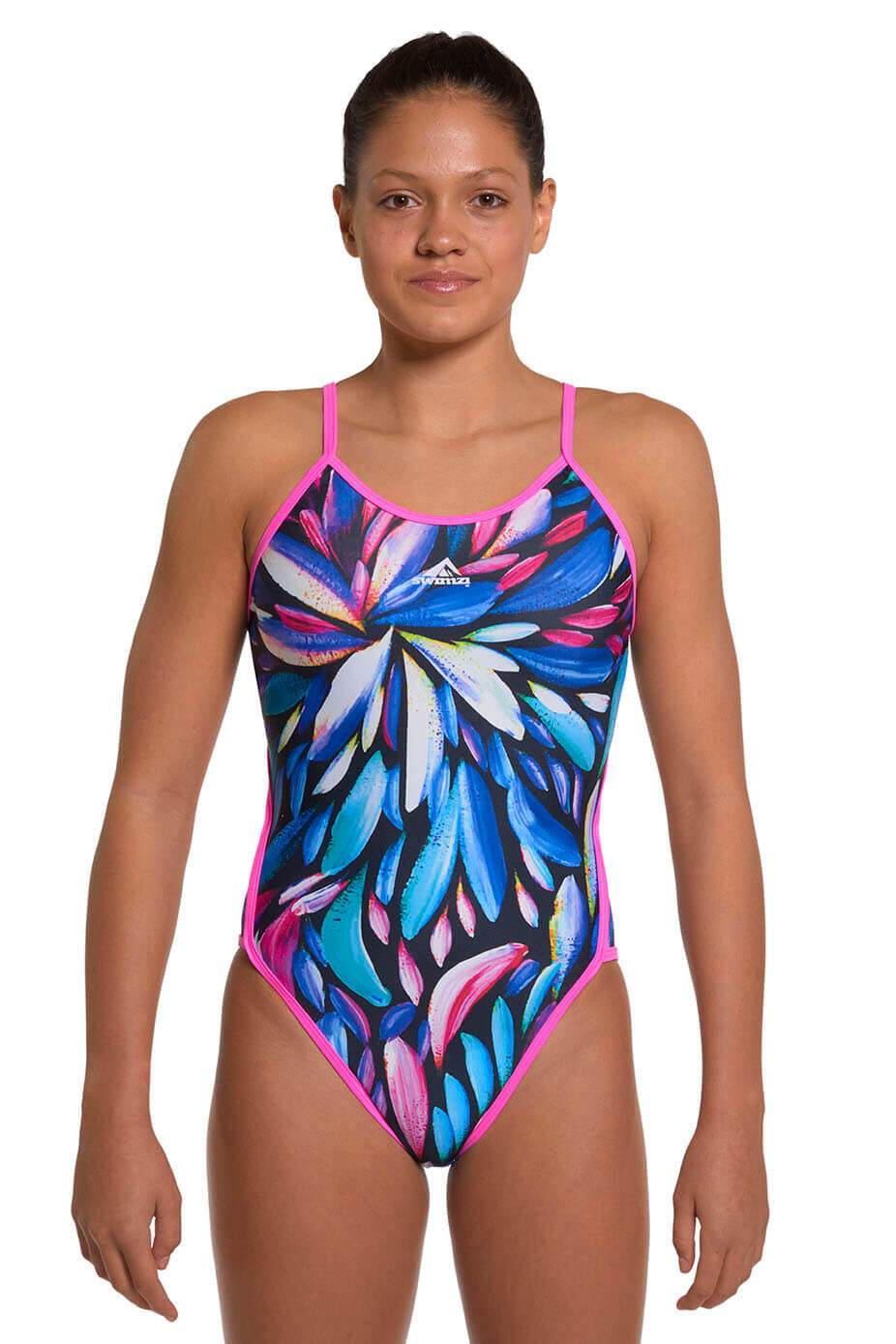 Swimzi Thin Strap Womens One-Piece swimsuit, Blue, Aqua, White and Pink Feathers 1/3