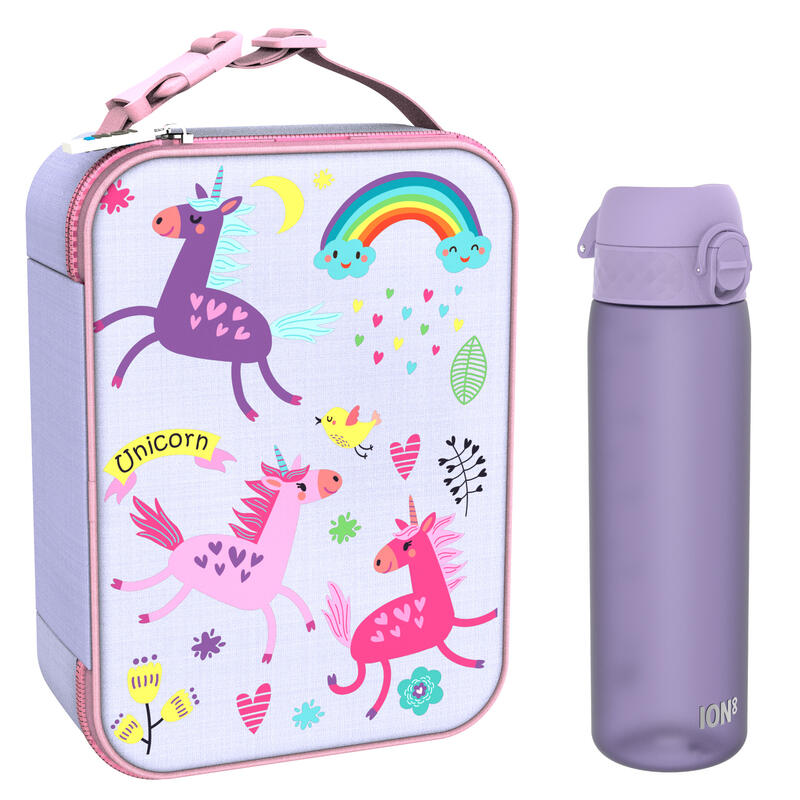 Dziecięcy zestaw śniadaniowy ION8 Unicorns. Lunchbag i bidon 500ml z RECYCLON