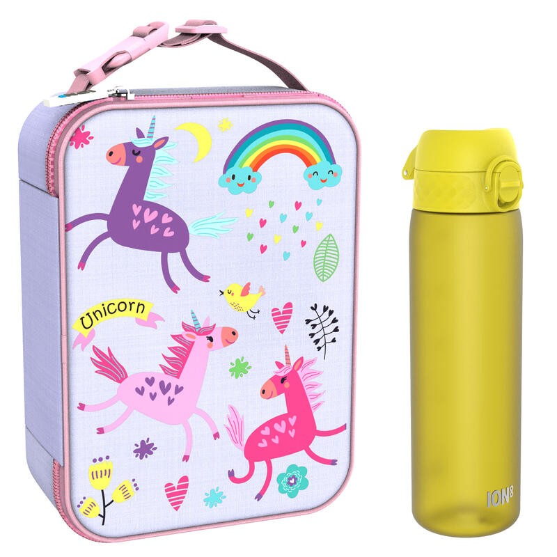 Dziecięcy zestaw śniadaniowy ION8 Unicorns. Lunchbag i bidon 500ml z RECYCLON