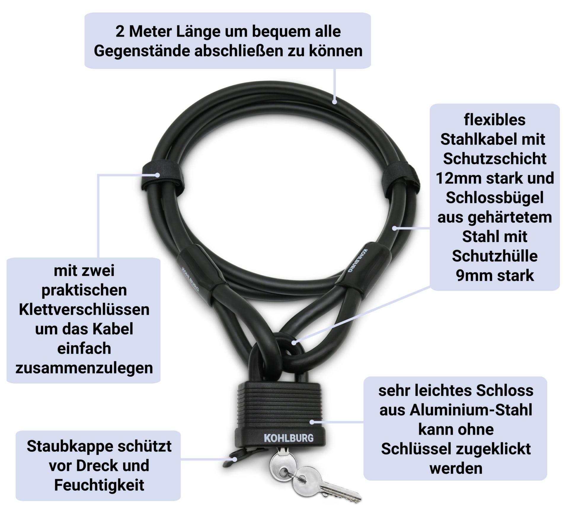 KOHLBURG Kabelslot van 5 meter – Fiets slot met sleutel eenvoudig vast te klikken – 5m lus-kabel voor fiets & tuinmeubelen – Stalen kabel van 500 cm als fietsslot, fietskar & kinderwagen